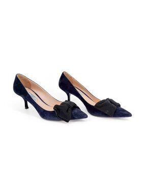 Prada Pointed Toe Bow Kitten Pumps Heels Size 39.5 US 9.5 Navy Blue Suede
